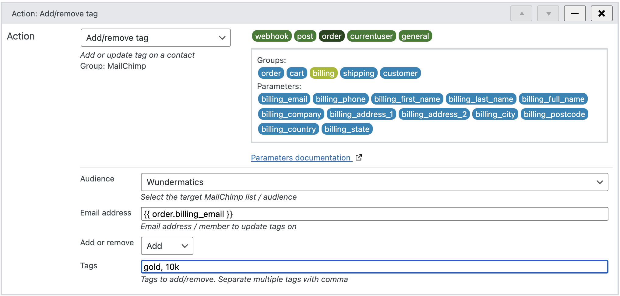 Adding tags to a MailChimp contact in WunderAutomation