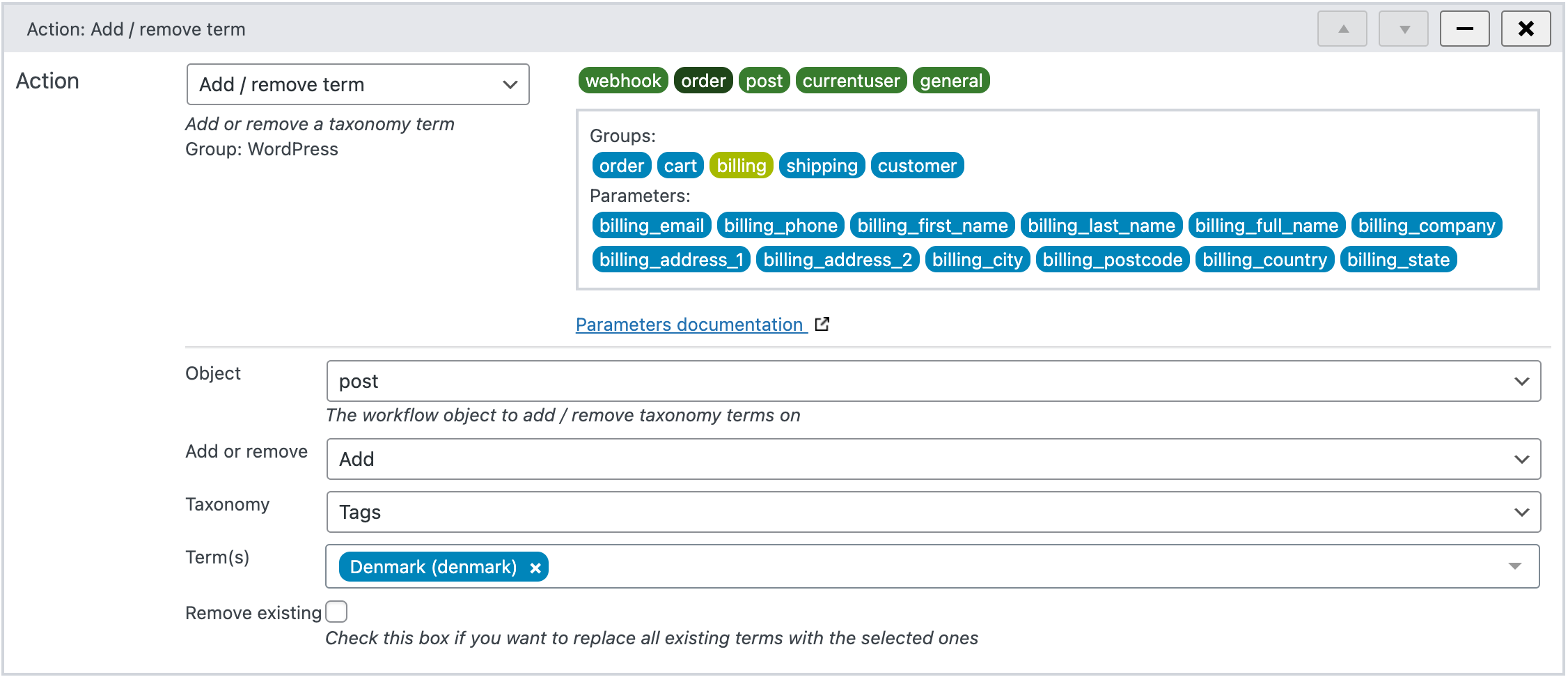 Add taxonomy terms to a post in WunderAutomation