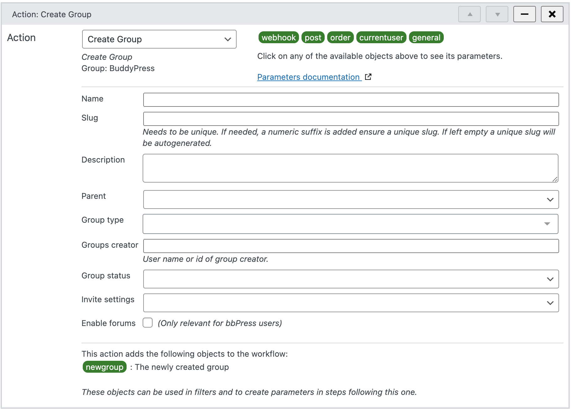 Create BuddyPress group in WunderAutomation
