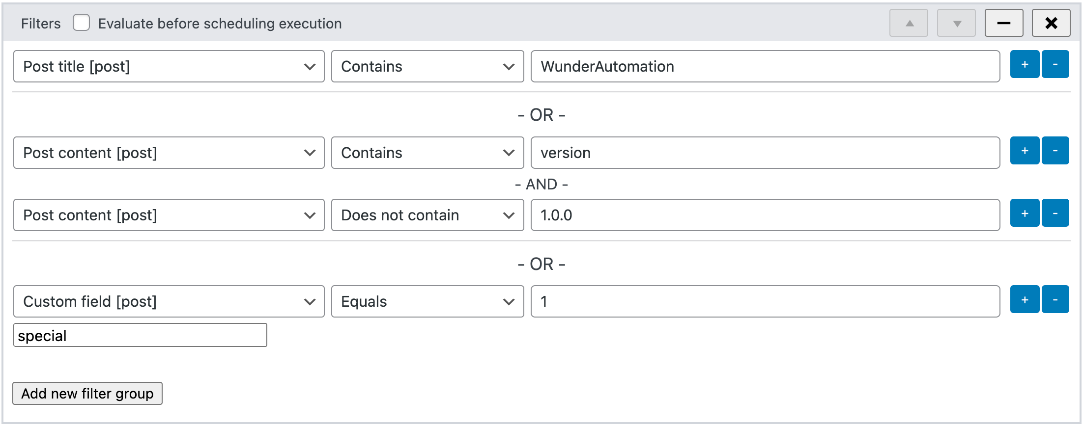 screenshot showing multiple filter groups - WunderAutomation