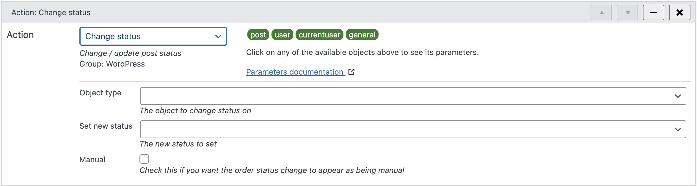 The change status action in WunderAutomation