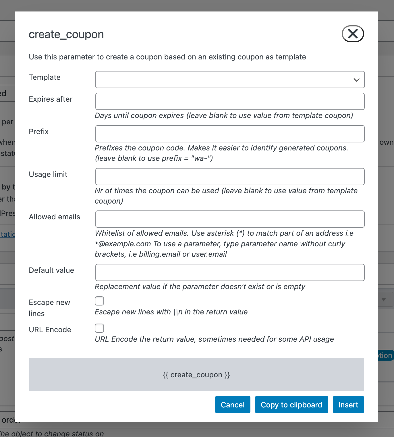 Creating a WooCommerce coupon in WunderAutomation parameter editor
