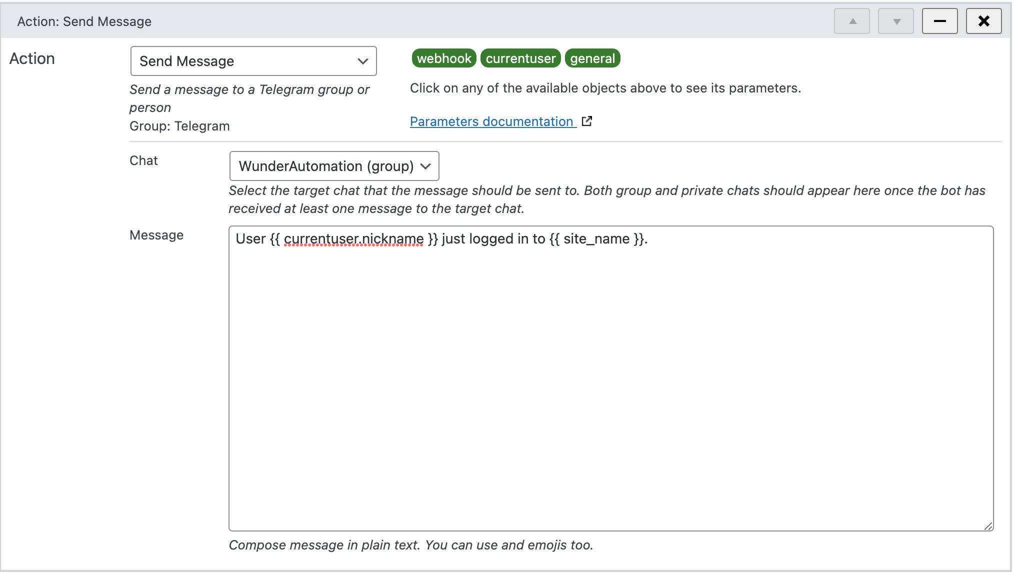 Sending a Telegram message - WunderAutomation